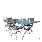 Blue glazed lava stone table and its 6 chairs.