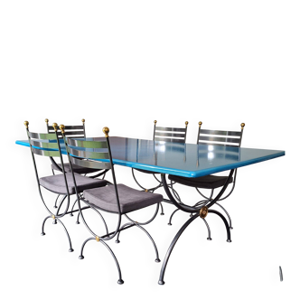 Table en Pierre de Lave émaillée bleue et ses 6 chaises