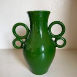 Handmade green ceramic amphora vase with large circular handles