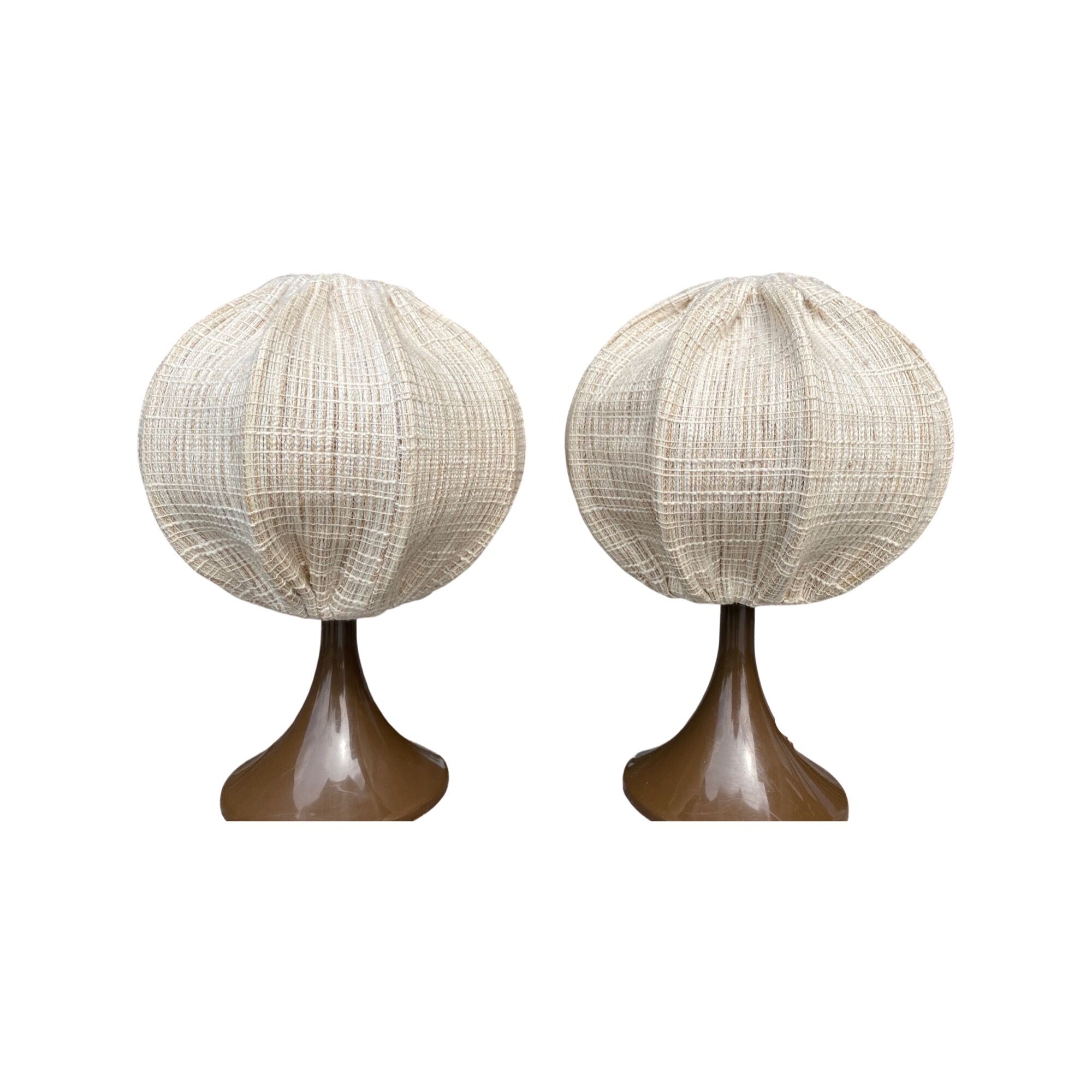 Set of 2 Retro Tulip Lamps | Space Age Lights Dutch Design With Brown Plastic Base And Linen Shades