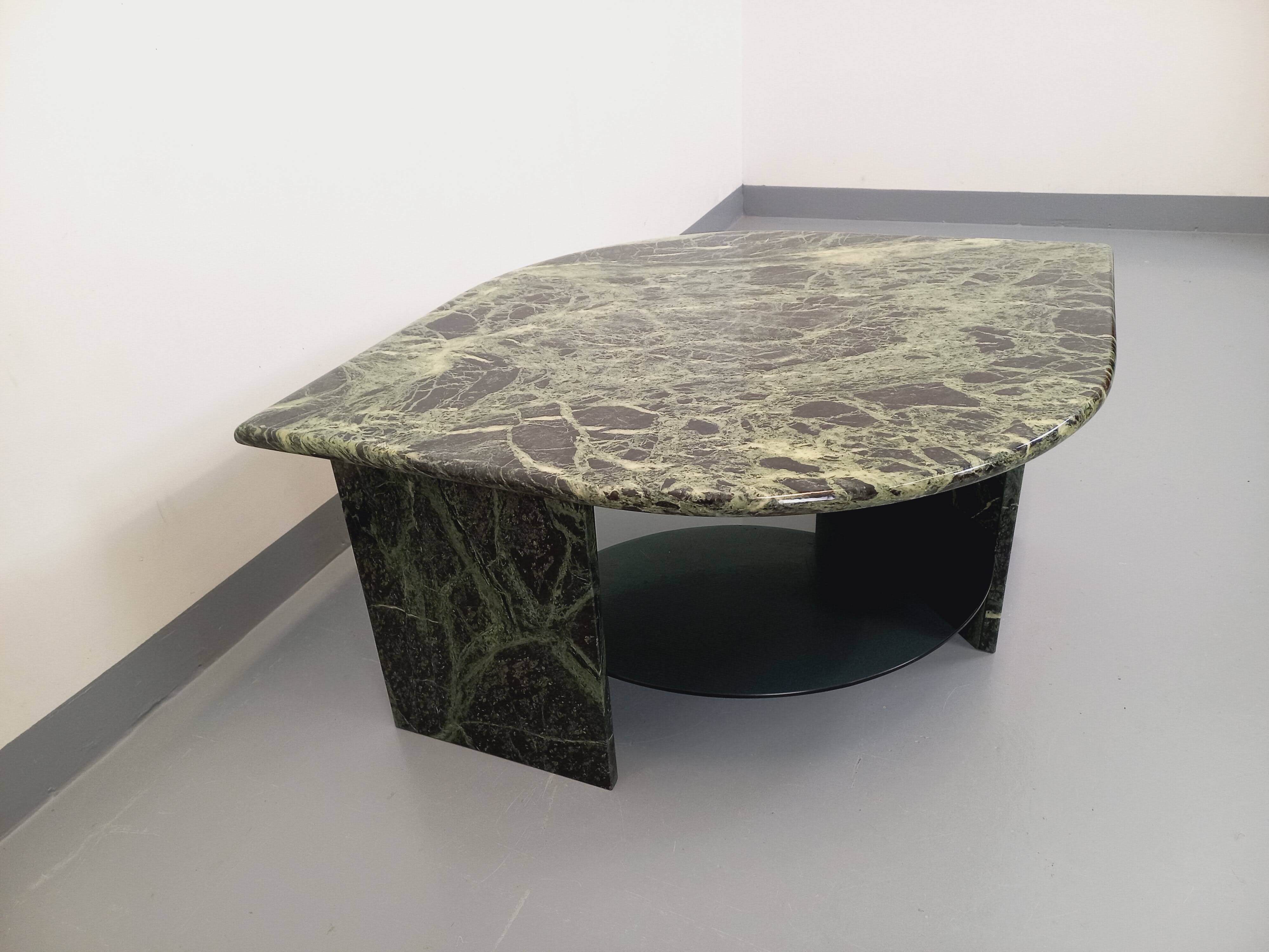 Vintage square coffee table with 2 green marble and smoked glass tops