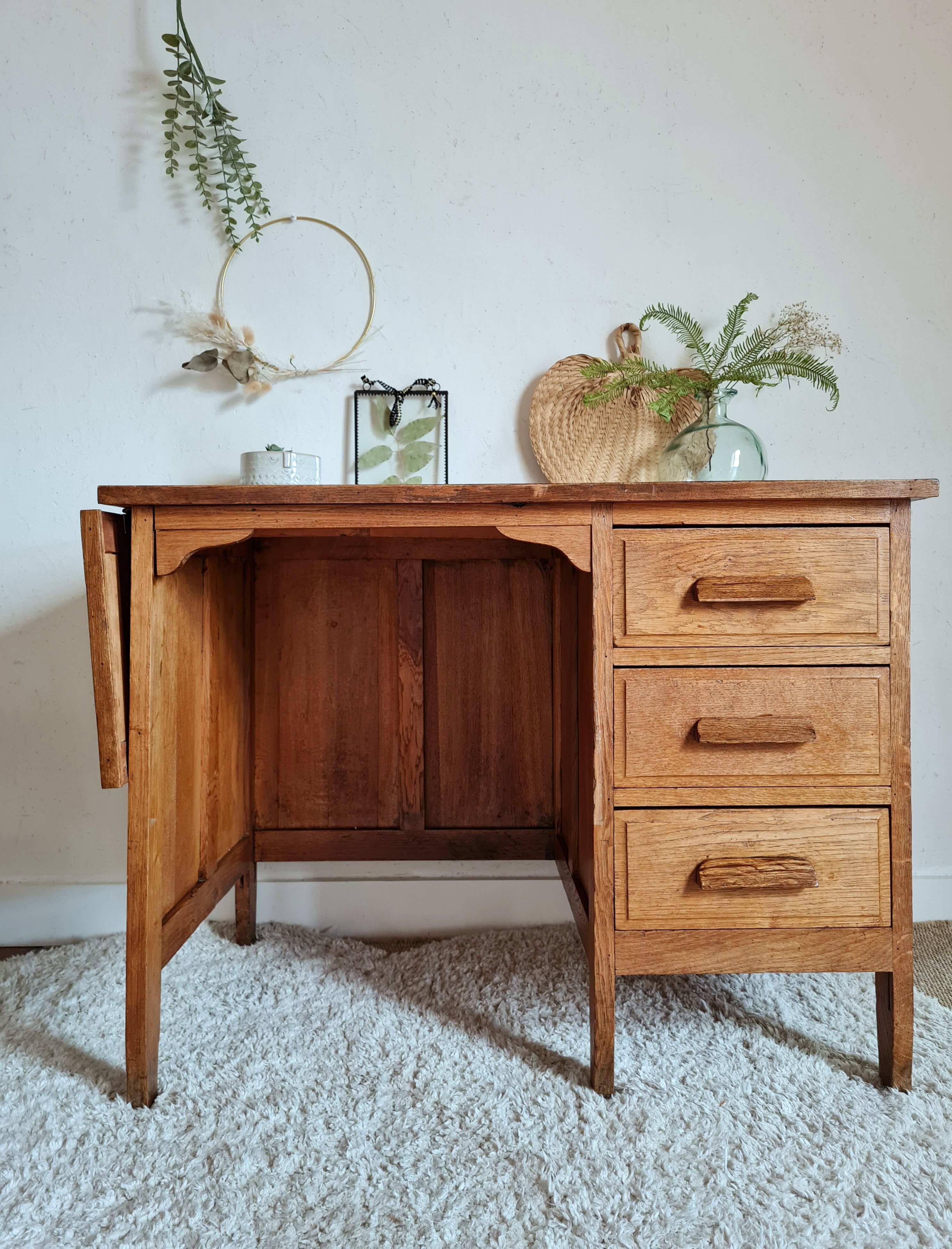 Bureau en bois années 50 avec rallonge intégrée