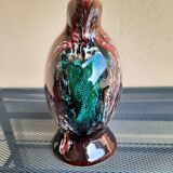 Earthenware pitcher signed vallauris, brown, orange, green, flammé décor, tbe.