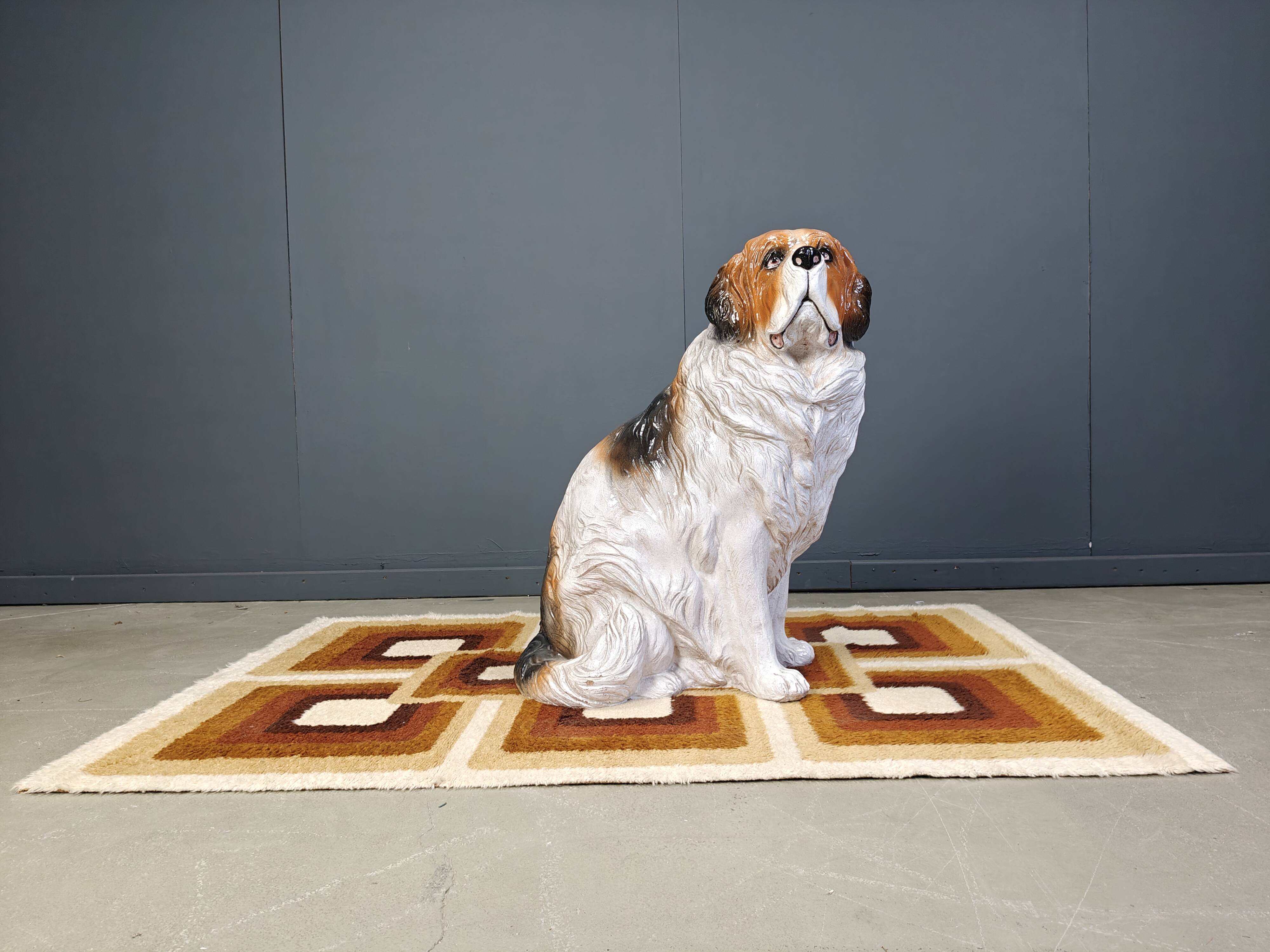 Life sized Vintage glazed terracotta St bernard dog sculpture, 1960s