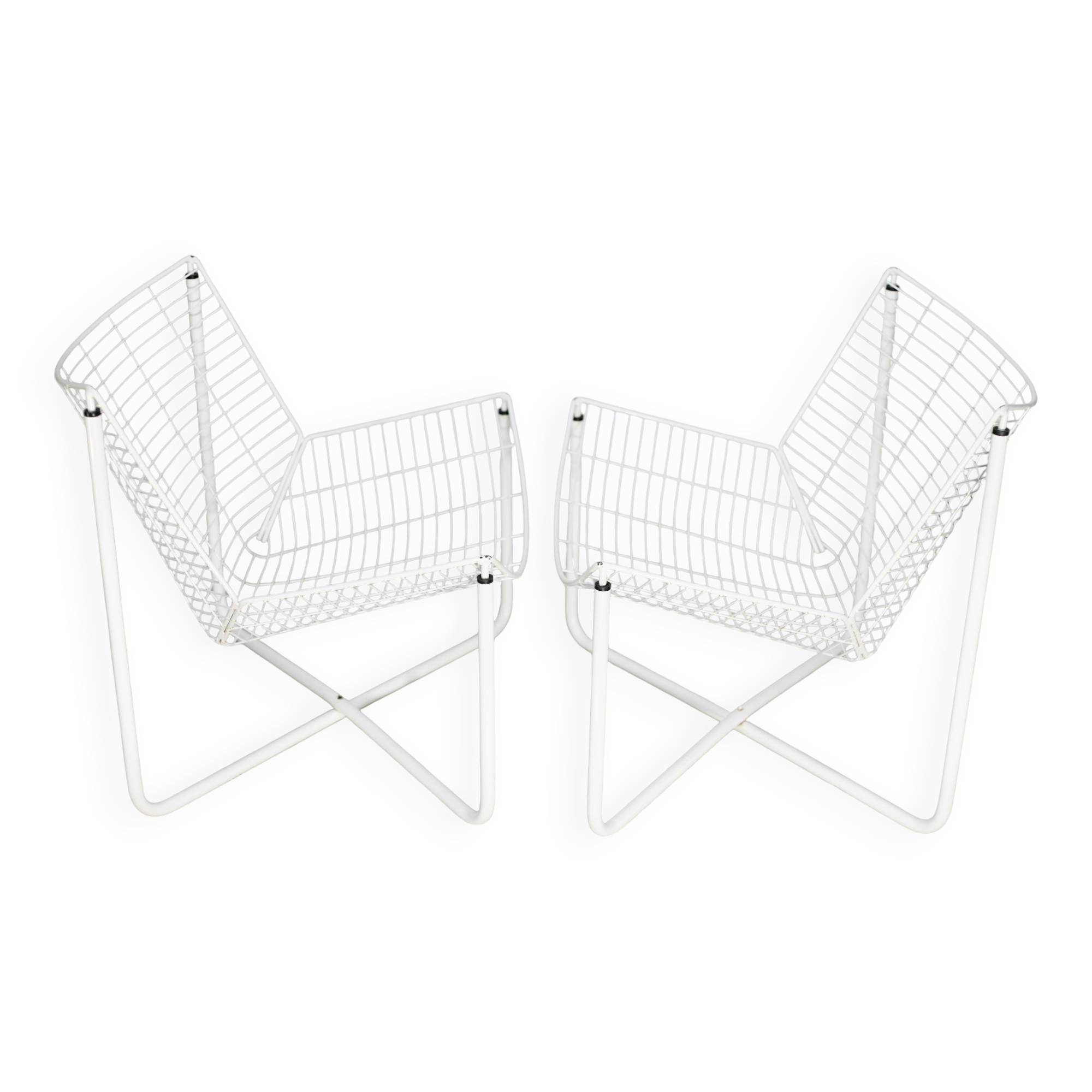 Pair of white lacquered steel rod armchairs. Circa 1985