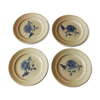 Lot 4 assiettes Rose Bleue Digoin Sarreguemines faïence écrue