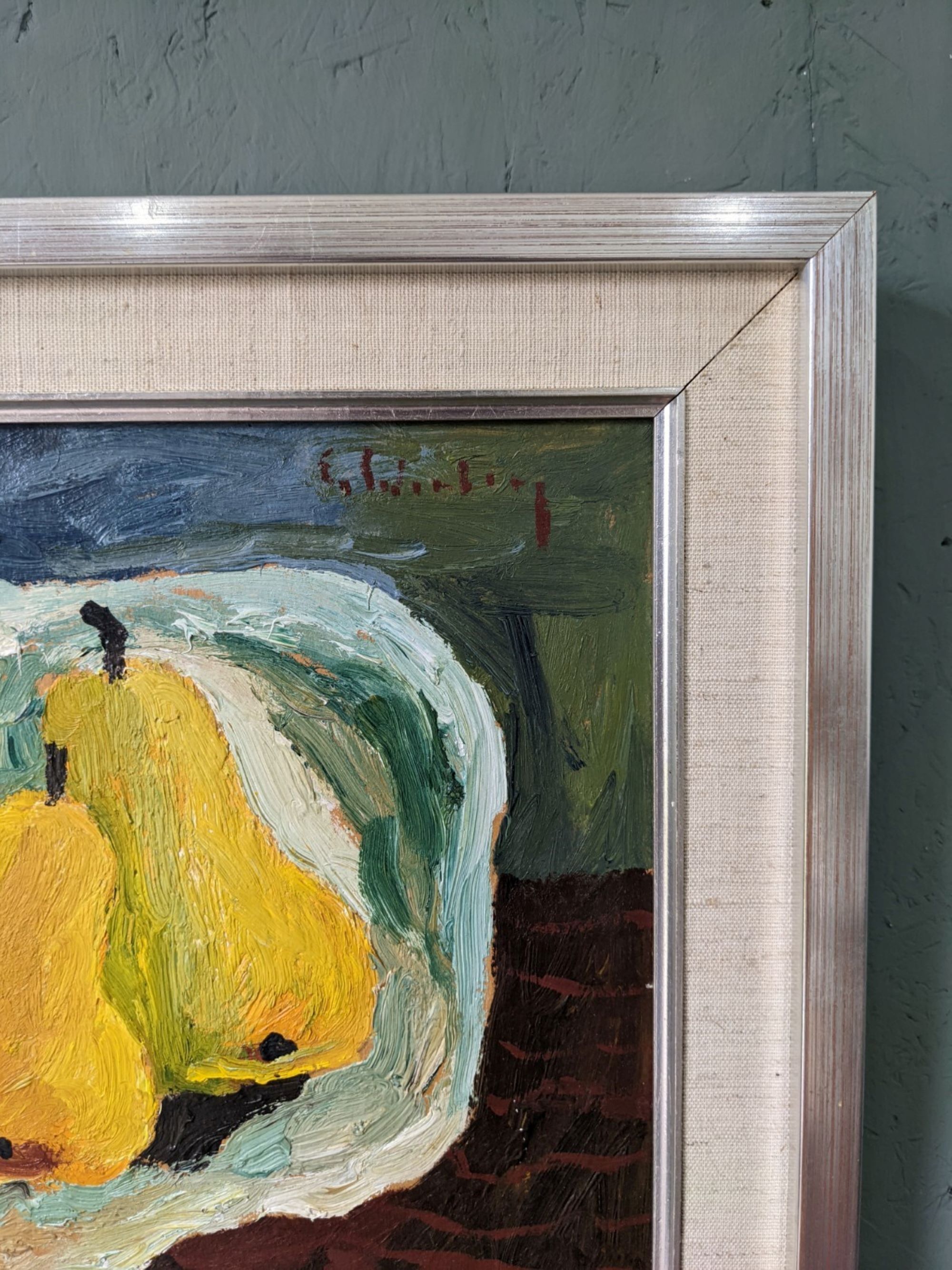 Mid-Century Modern Swedish "Luminous Pears" by Eric Cederberg, Framed Still Life Oil Painting