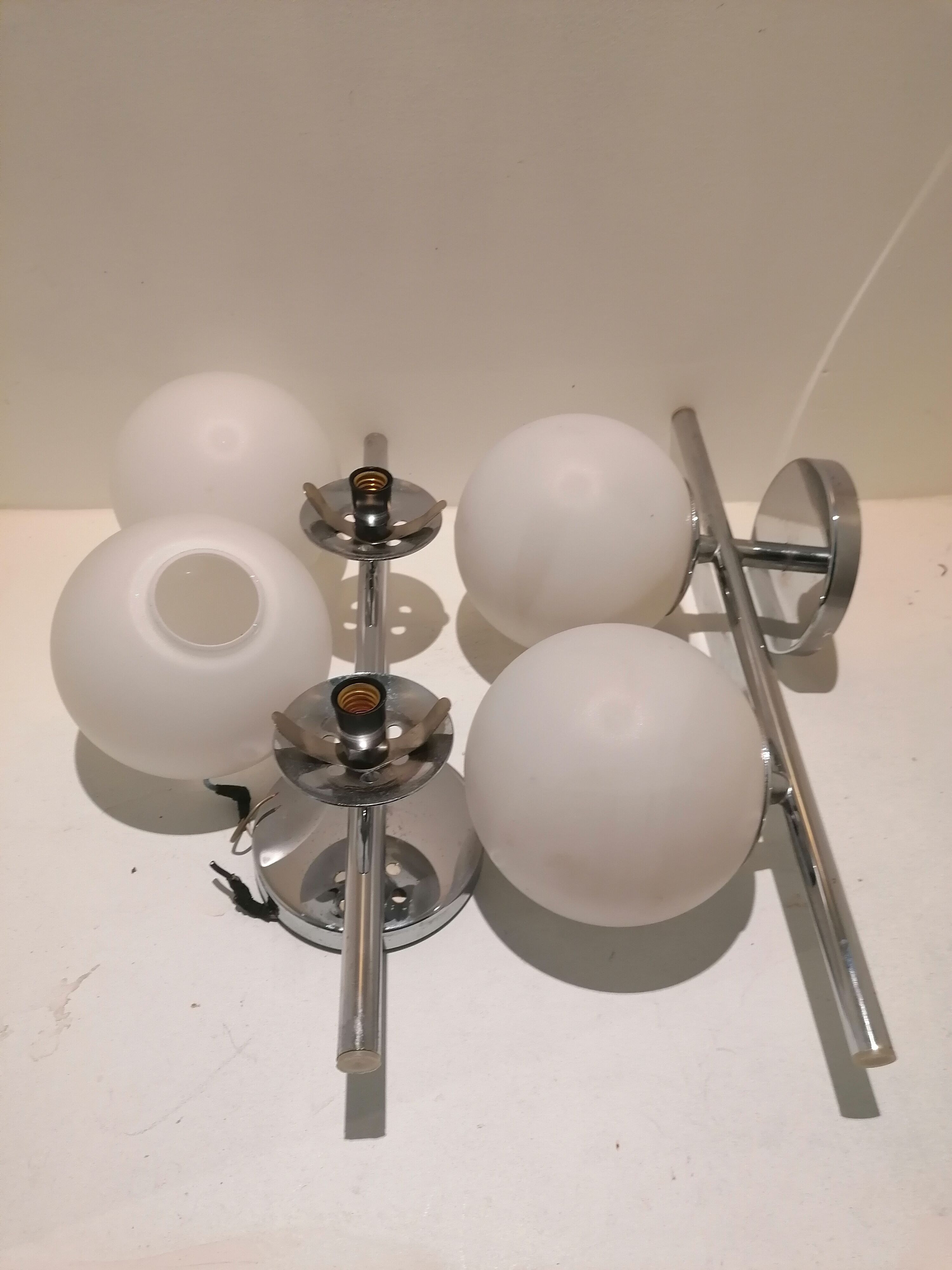 2 double chrome and opaline glass wall lamps 1960