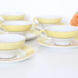 Set of 7 cups and under cups in ceramic Moulin des Loups, yellow, French manufacture,