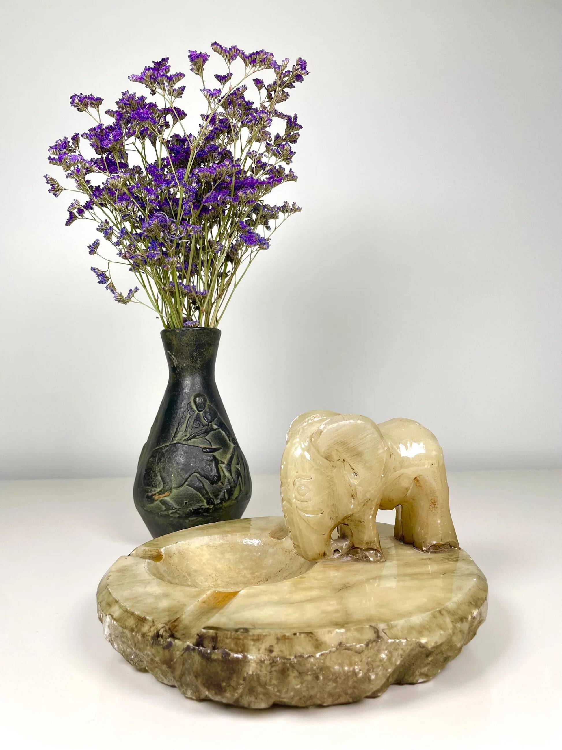 Hand carved alabaster elephant ashtray