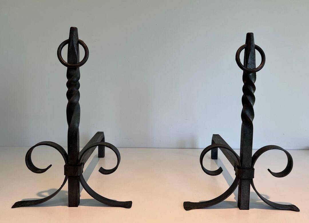 Pair of Neoclassical Fire Dogs in Wrought Iron with Twisted Columns, Finials