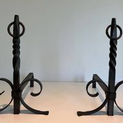 Pair of Neoclassical Fire Dogs in Wrought Iron with Twisted Columns, Finials
