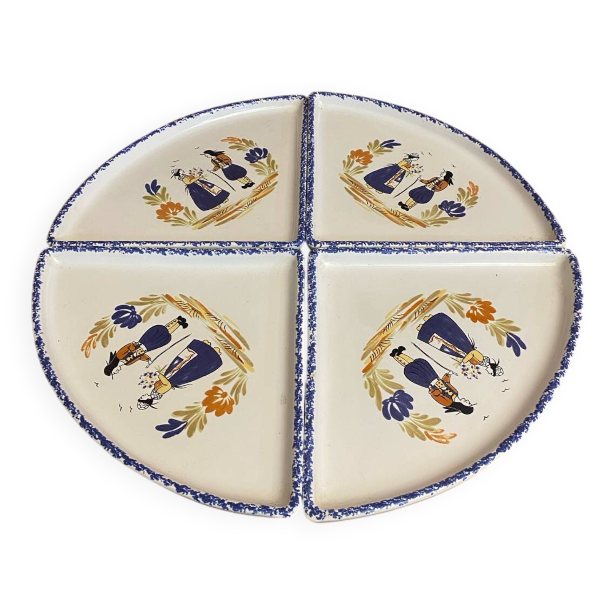 Set of 4 white ceramic crepe plates with vintage Quimper decor