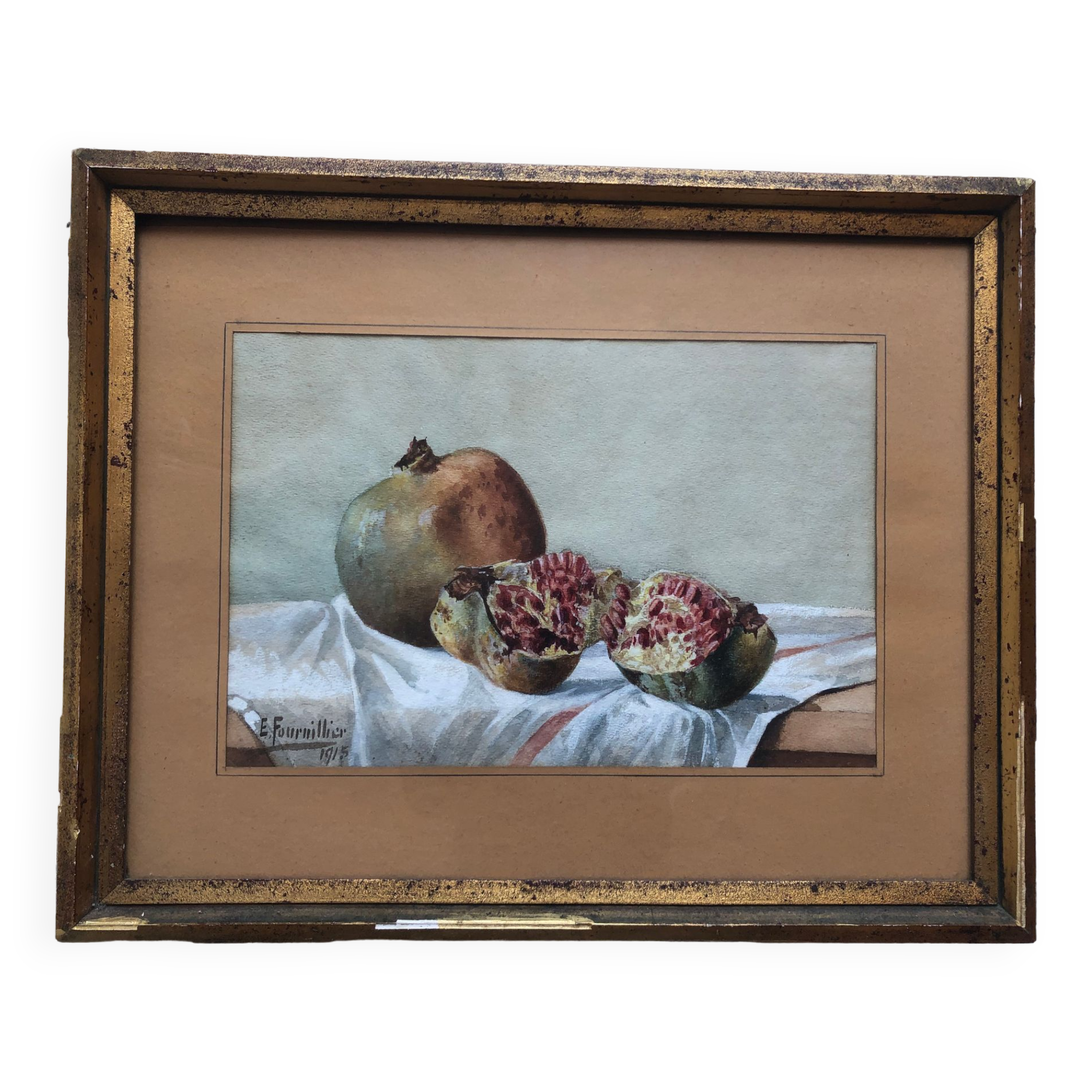 Watercolor "les grenades" signed e. fournillier 1915, in gilded wood frame, still life, perpignan 66