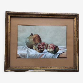 Watercolor "les grenades" signed e. fournillier 1915, in gilded wood frame, still life, perpignan 66