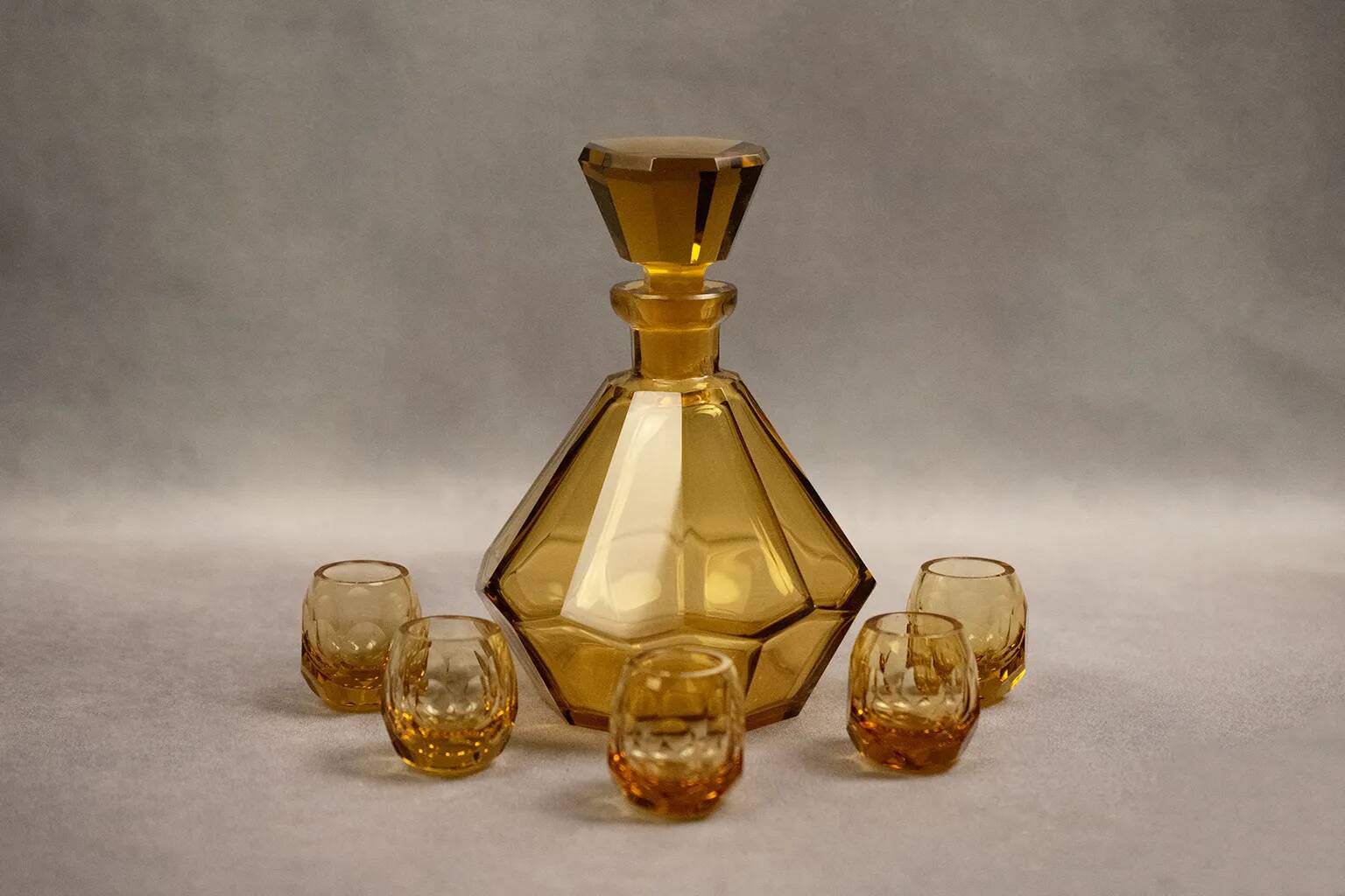 Art Deco Moser liqueur set in frosted orange glass