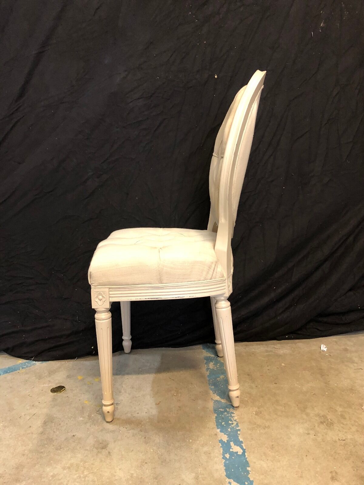 Louis xvi medallion style chairs patinated wood & beige updaped fabric