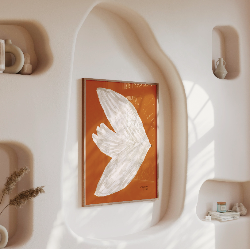 Affiche imprimée en qualité giclée avec illustration d'oiseau blanc en vol - 30x40cm