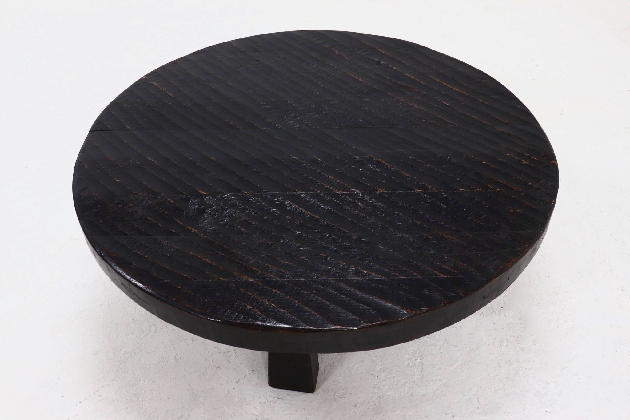 Brutalist Solid Stained Oak Round Tripod Coffee Table 1970s