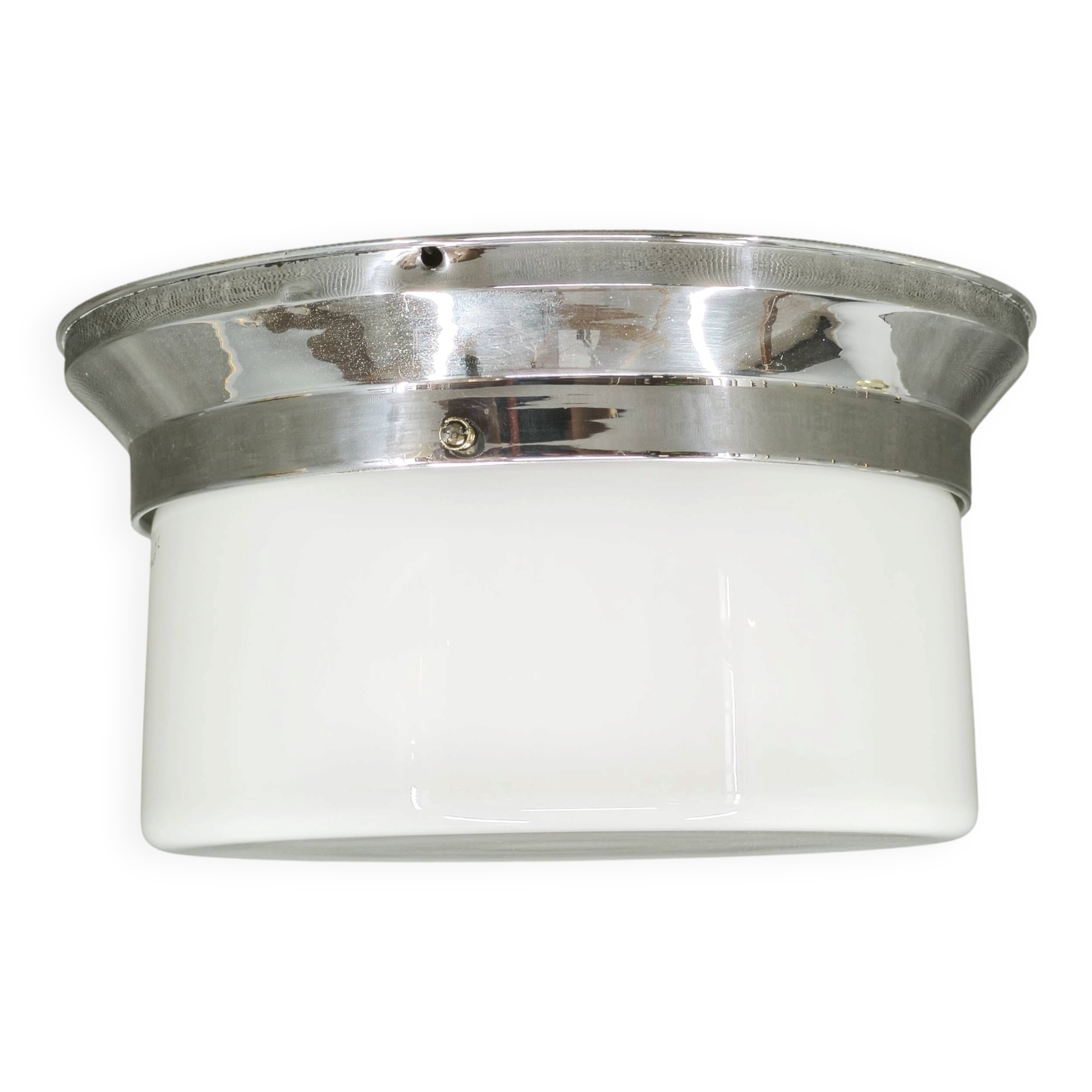 1930s Bauhaus Chrome and Opaline Glass Ceiling Light, Czechoslovakia
