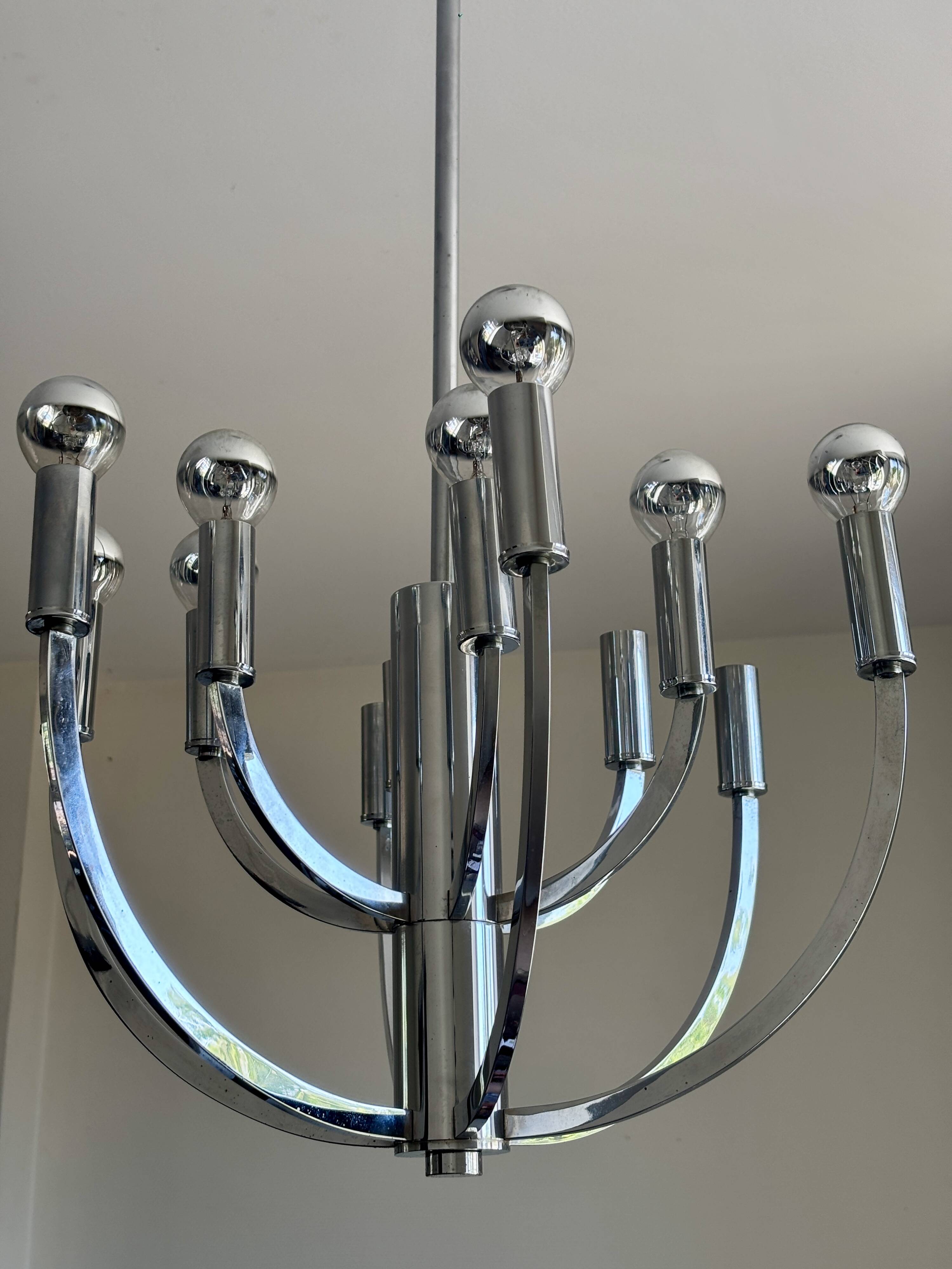 Chrome chandelier with 12 lights in the style of Gaetano Sciolari – 1970s