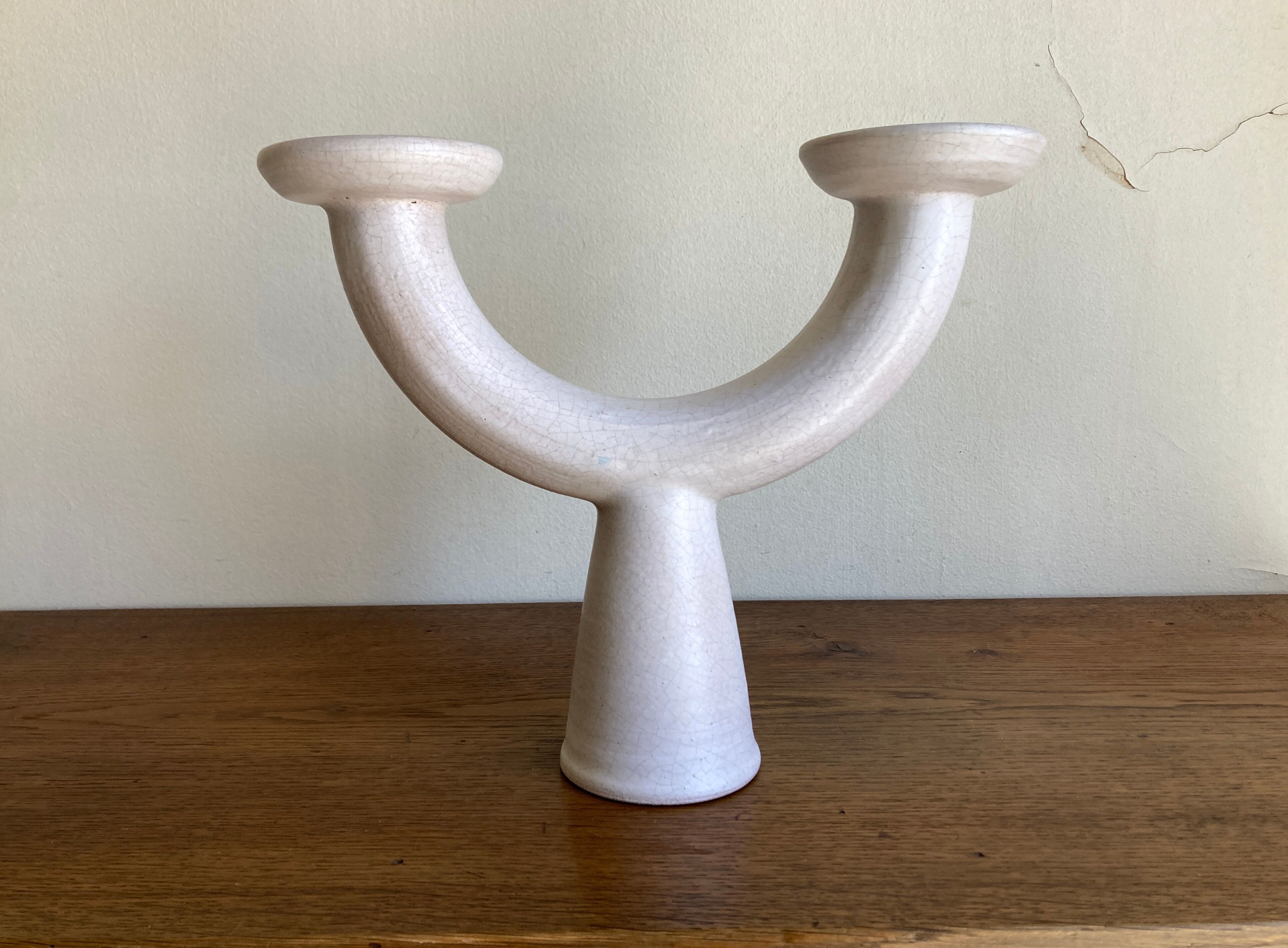 Brutalist candle holder made of white chamotte clay, 1980.