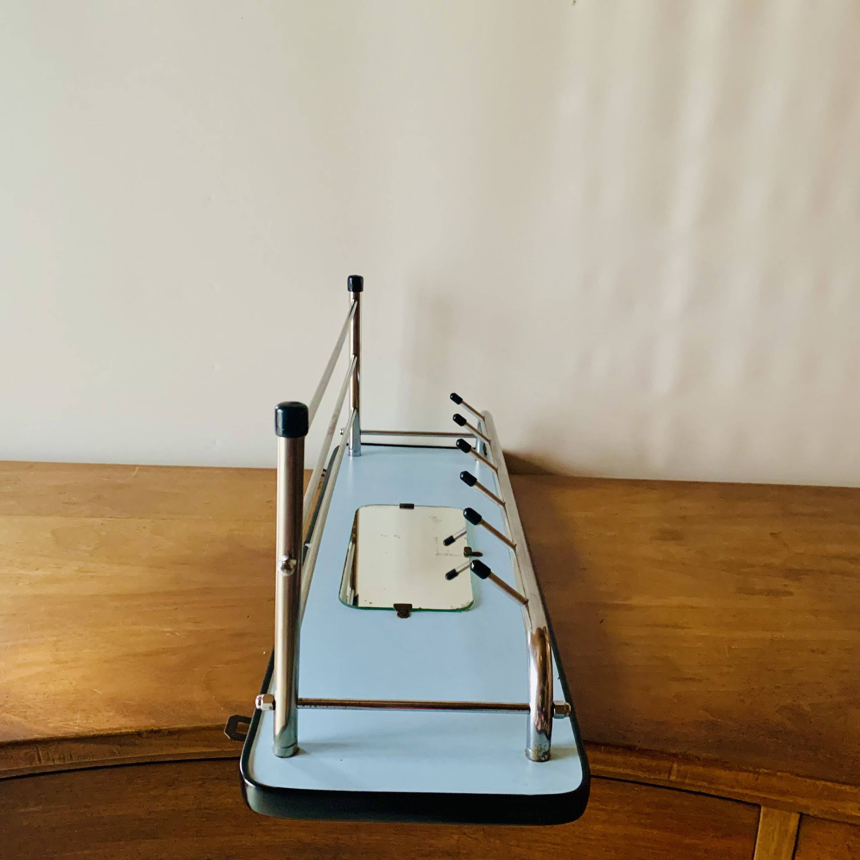 Vintage wall-mounted coat rack in wood and chrome metal with mirror