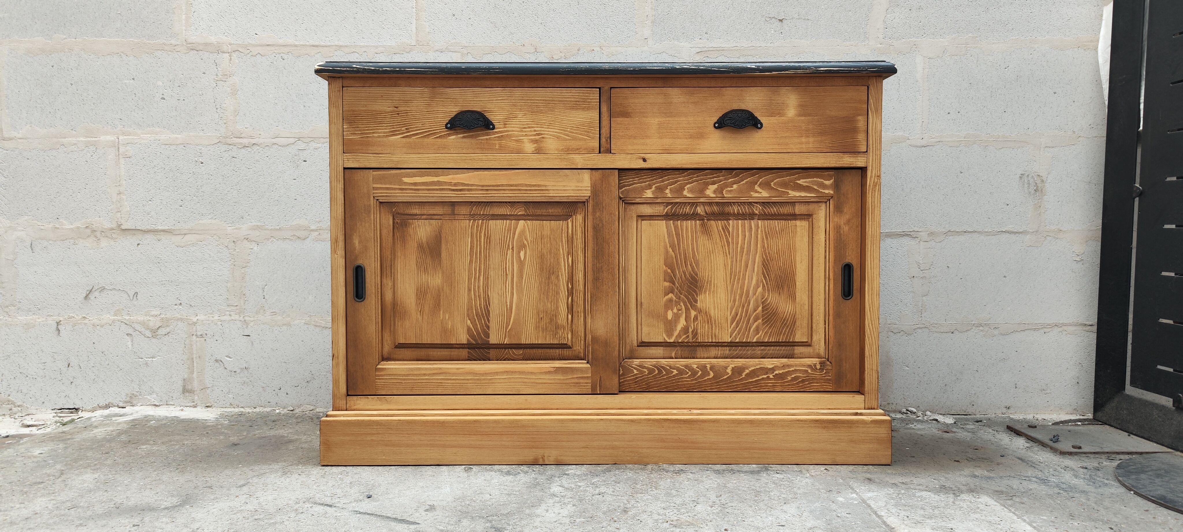 Furniture two sliding doors waxed pine above black patina