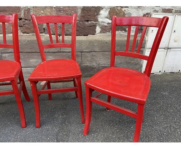 Set de 4 chaises françaises de café shabby chic red painted Vintage 1950s |  Selency