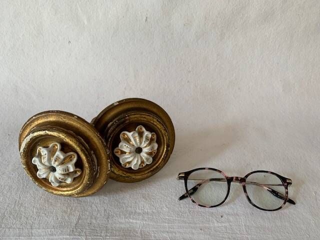 Large round door handles in gilded wood and Old Paris porcelain, circa 1900
