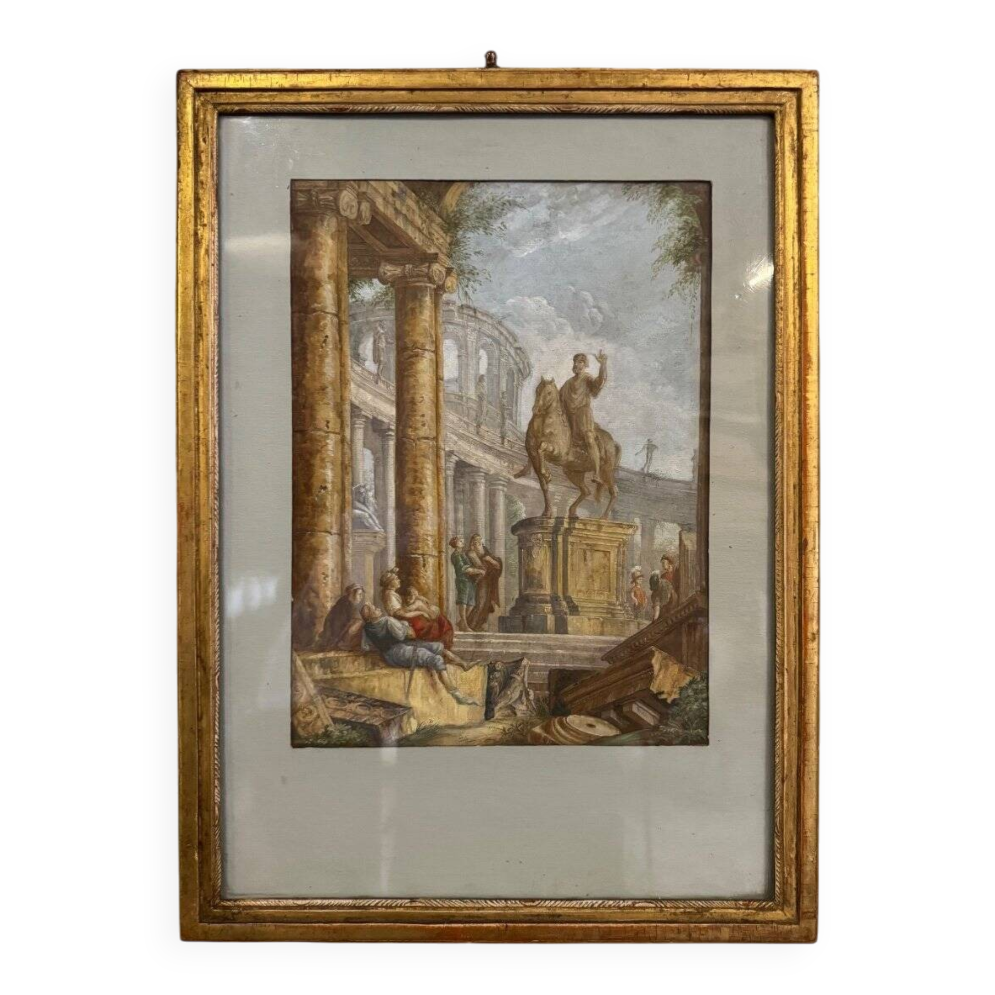Watercolor on orchard paper, animated ruins with equestrian statue, 18th century