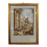 Watercolor on orchard paper, animated ruins with equestrian statue, 18th century