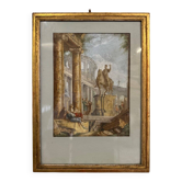 Aquarelle sur papier verger, ruines animées avec statue équestre, XVIIIème siècle