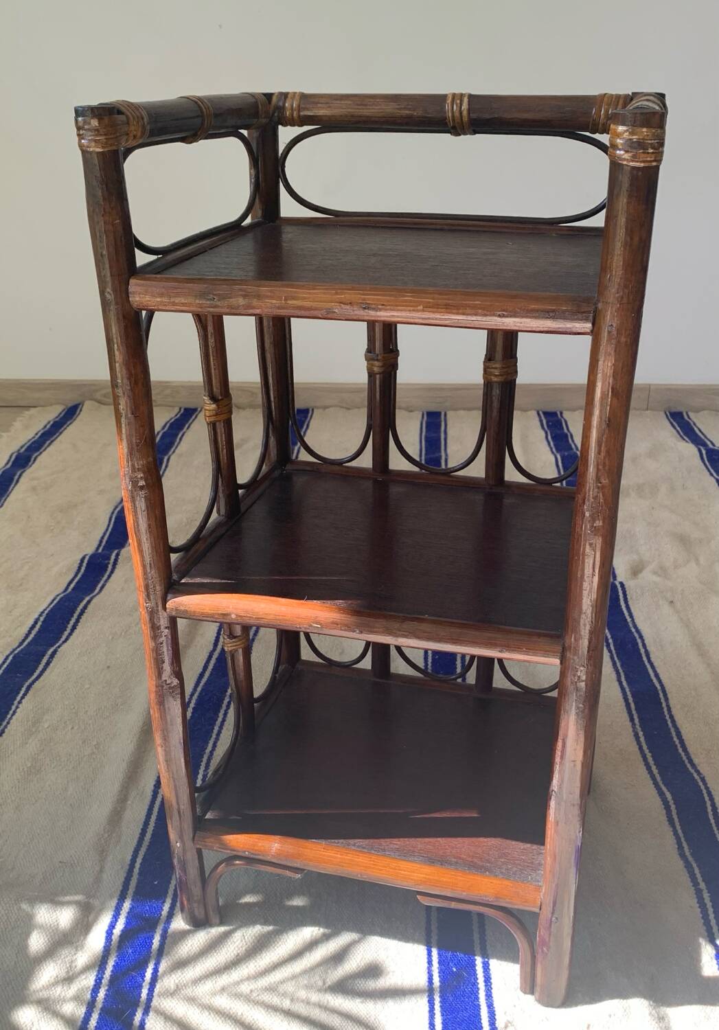 Vintage wooden and rattan side table