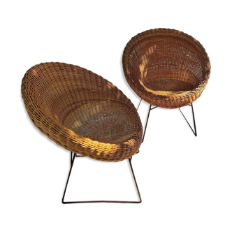 Paire de fauteuils en osier années 1960