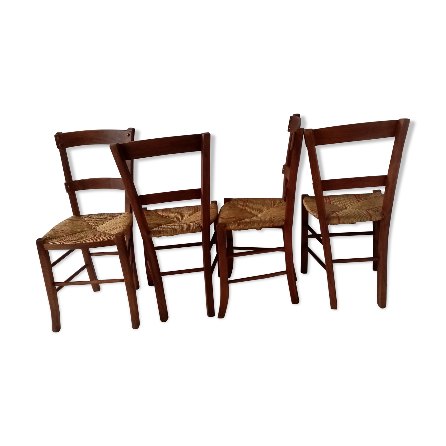 Series of 4 wooden chairs and straw