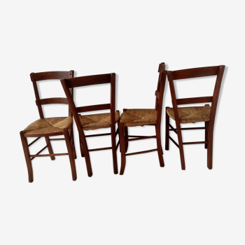 Series of 4 wooden chairs and straw