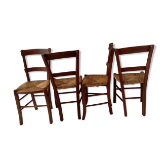 Series of 4 wooden chairs and straw