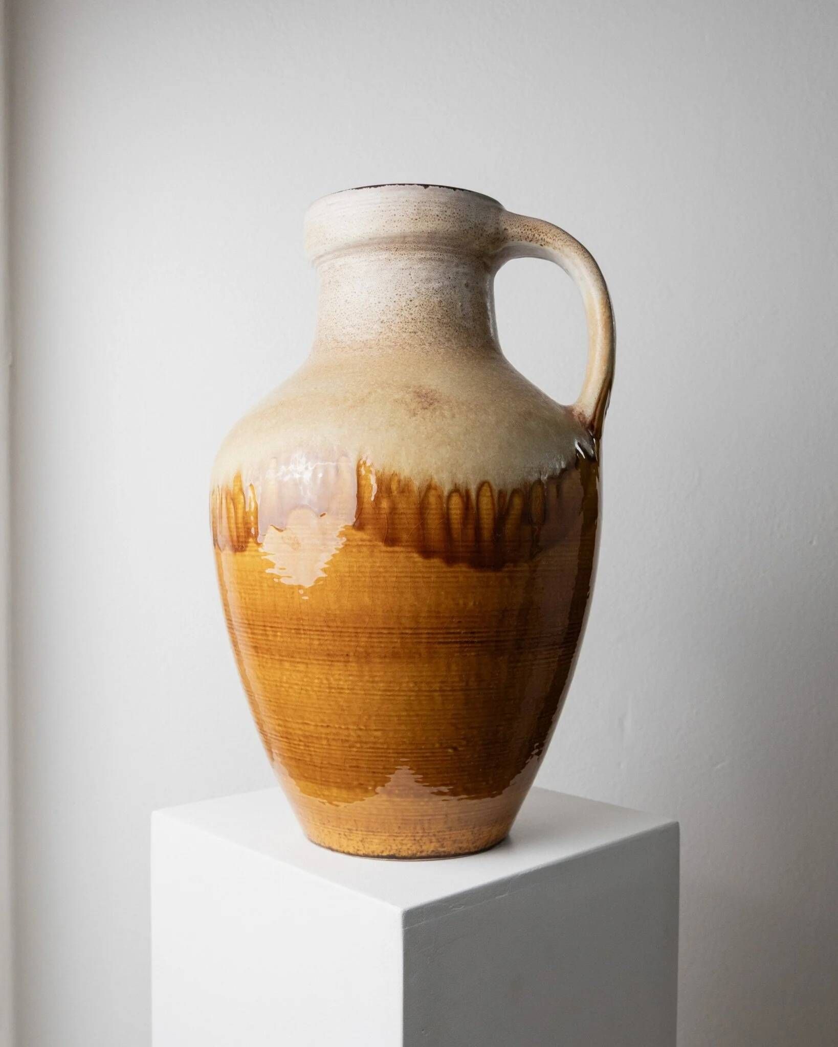 XXL Scheurich ceramic vase with beige-brown gradient glaze, jug with handle, 1970s Germany, vintage country-house decor