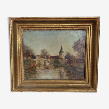 Old painting Landscape along the water