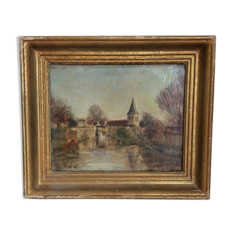 Old painting Landscape along the water