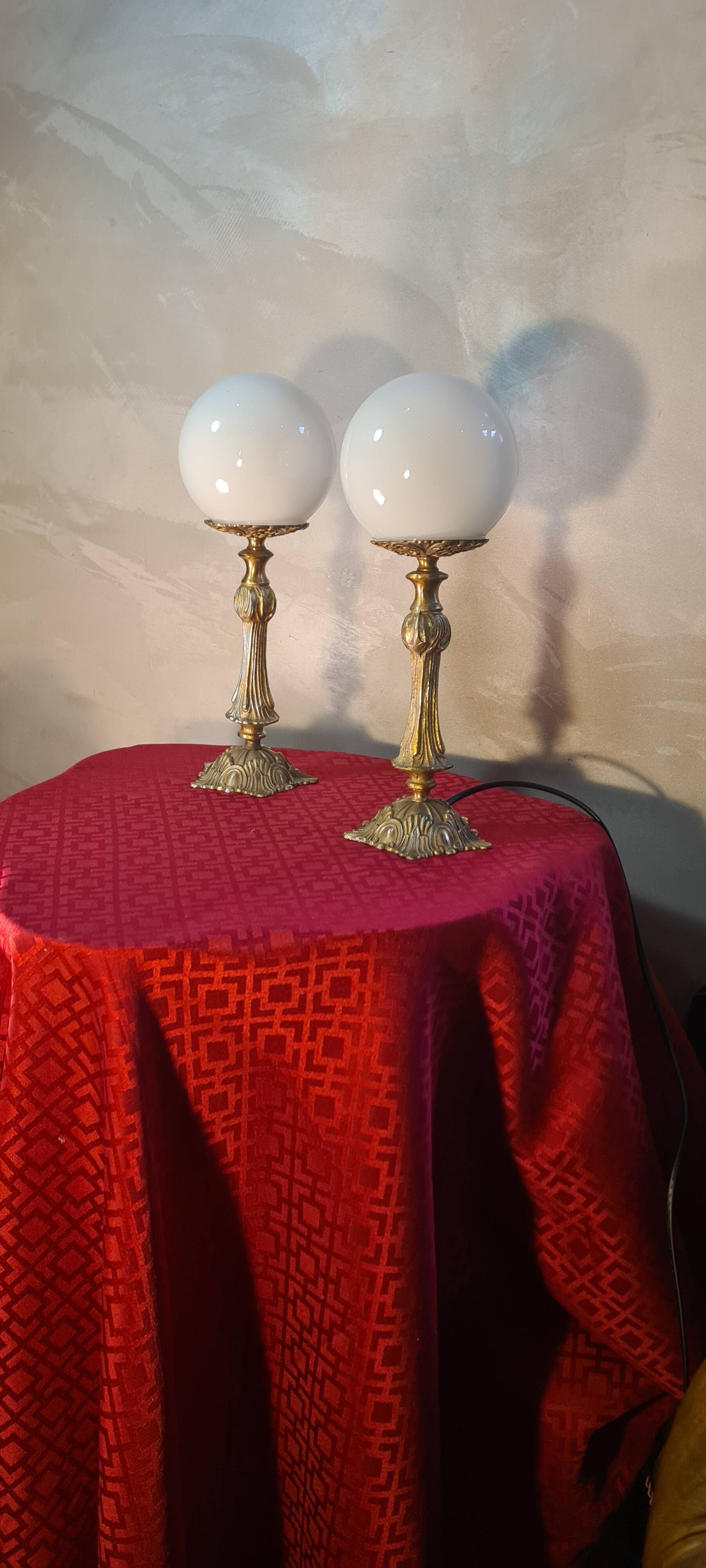 pair of bronze and opaline bedside lamps 31x11 electric refurbished
