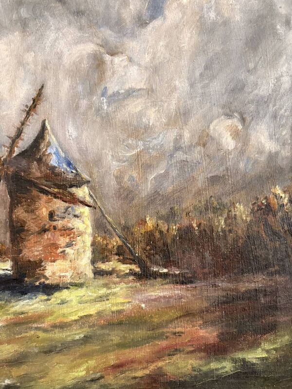 Tableau Peinture Huile Bois Moulin Femme Bigoudène Impressionnisme Courvois