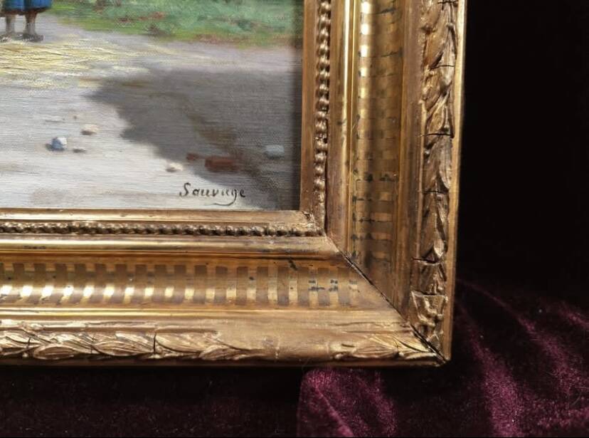 Antique oil painting, french barbizon school, wooden frame