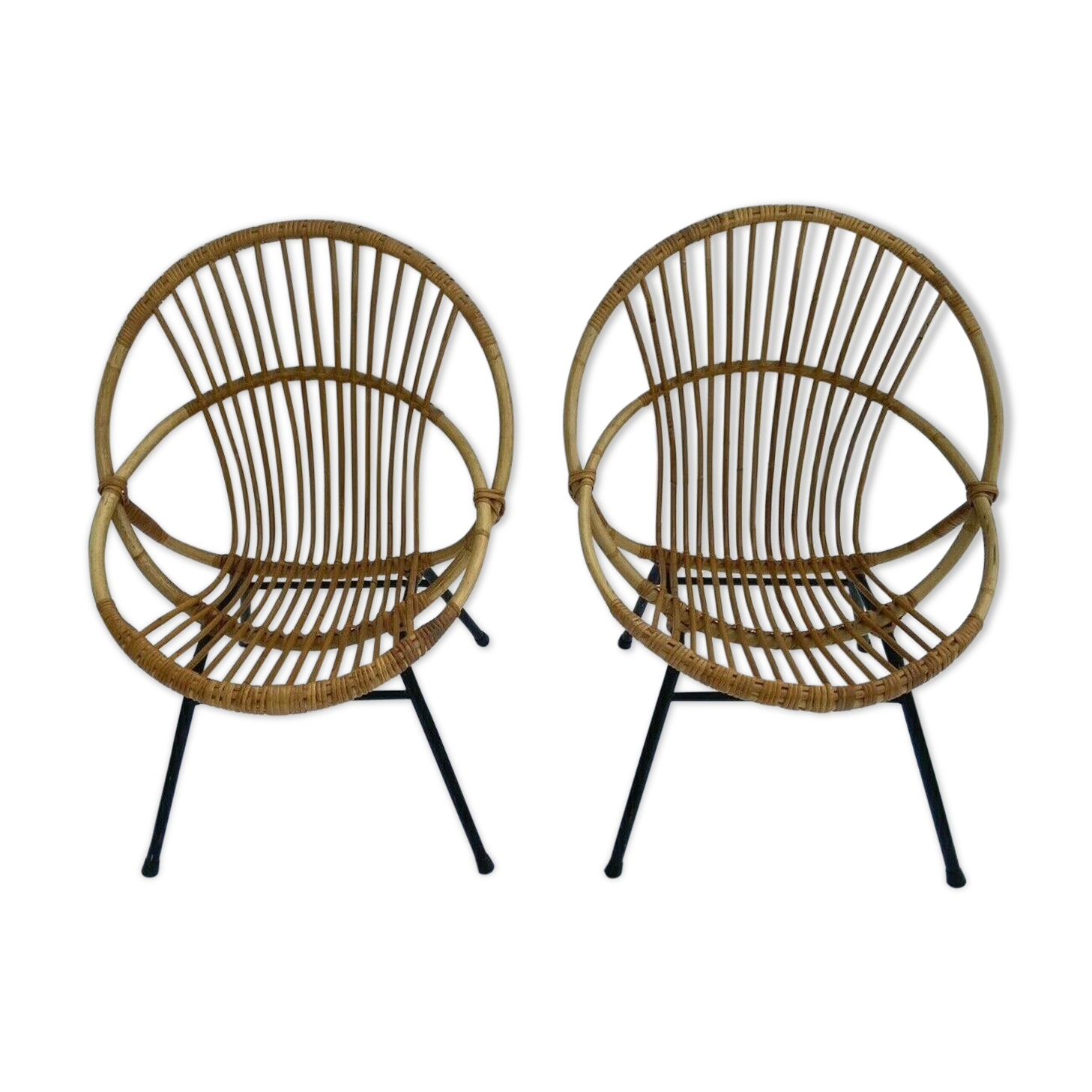 Pair of 1960 rotin black tubular french design armchairs