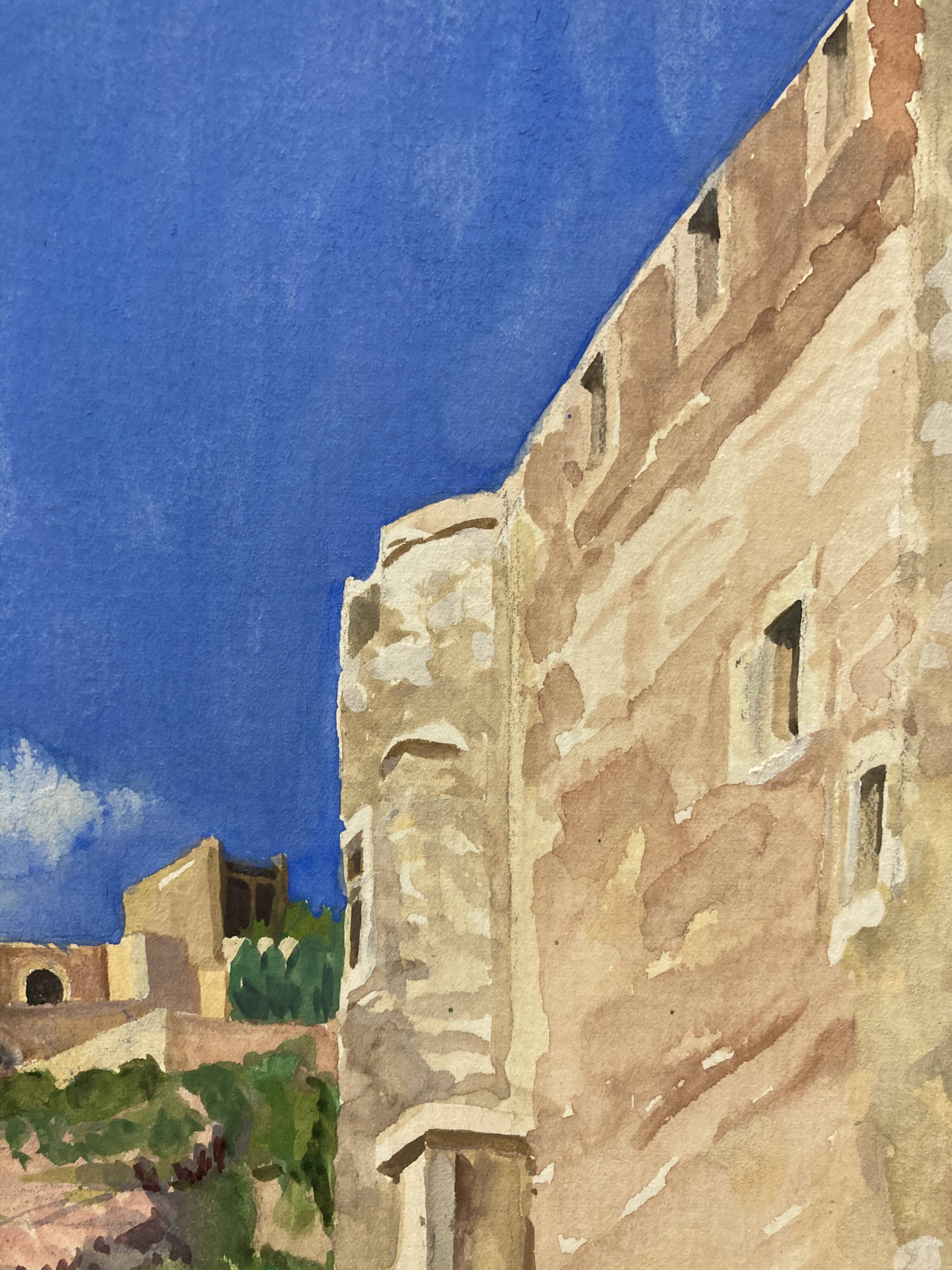Watercolor Provencal landscape with fortified ramparts