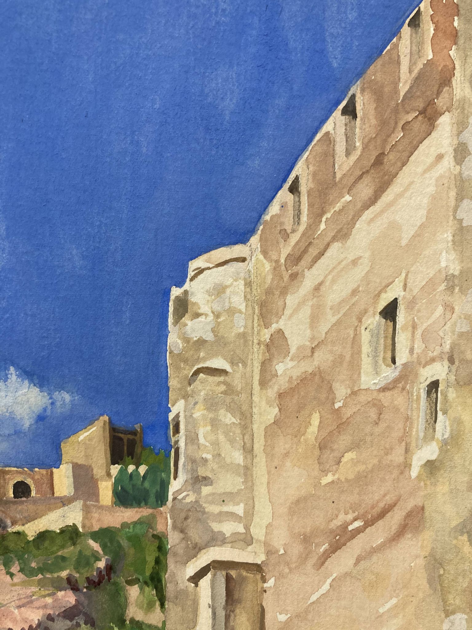 Aquarelle Paysage provençal aux remparts fortifiés