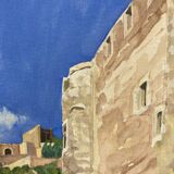 Watercolor Provencal landscape with fortified ramparts