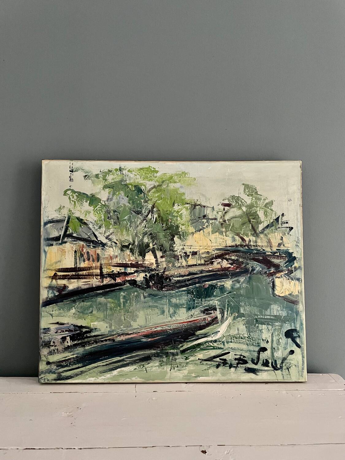 Oil on canvas, the Canal Saint-Martin in Paris