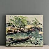 Oil on canvas, the Canal Saint-Martin in Paris